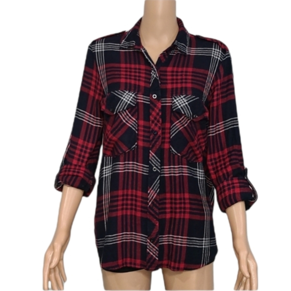 Zara Basic Red/Black Button-Front Plaid Shirt Rol… - image 2